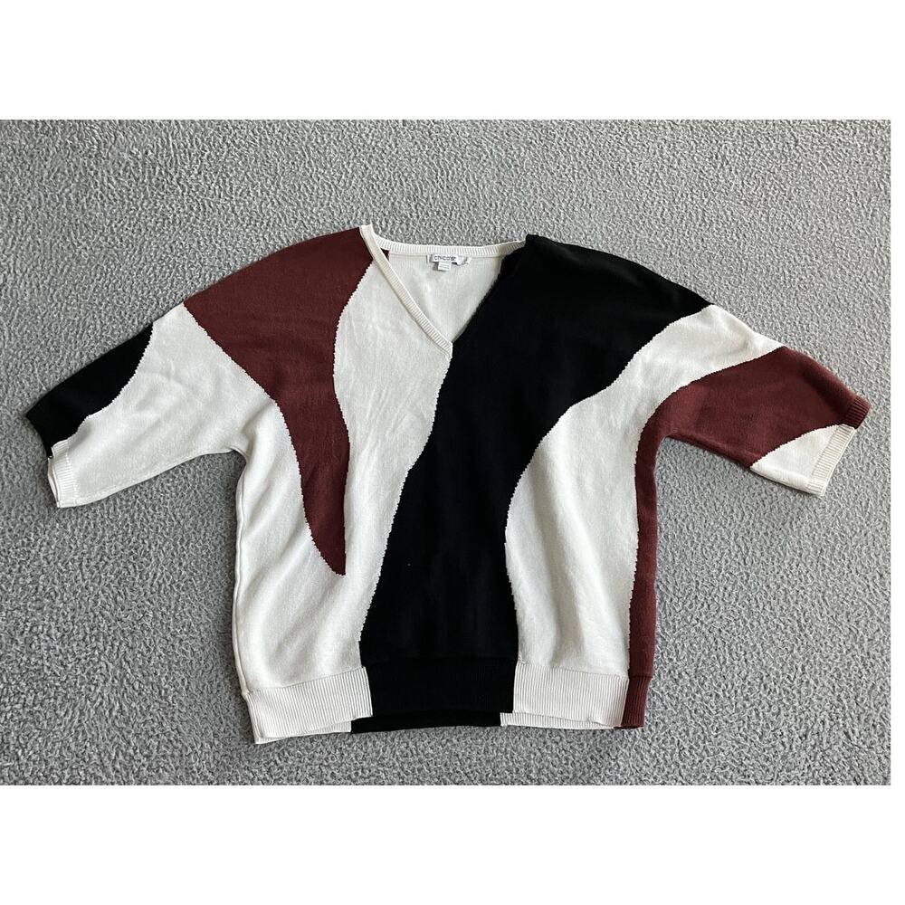 Chicos Sweater Medium 1 Crop Short Sleeve V-Neck Pullover Black Brown Modern M